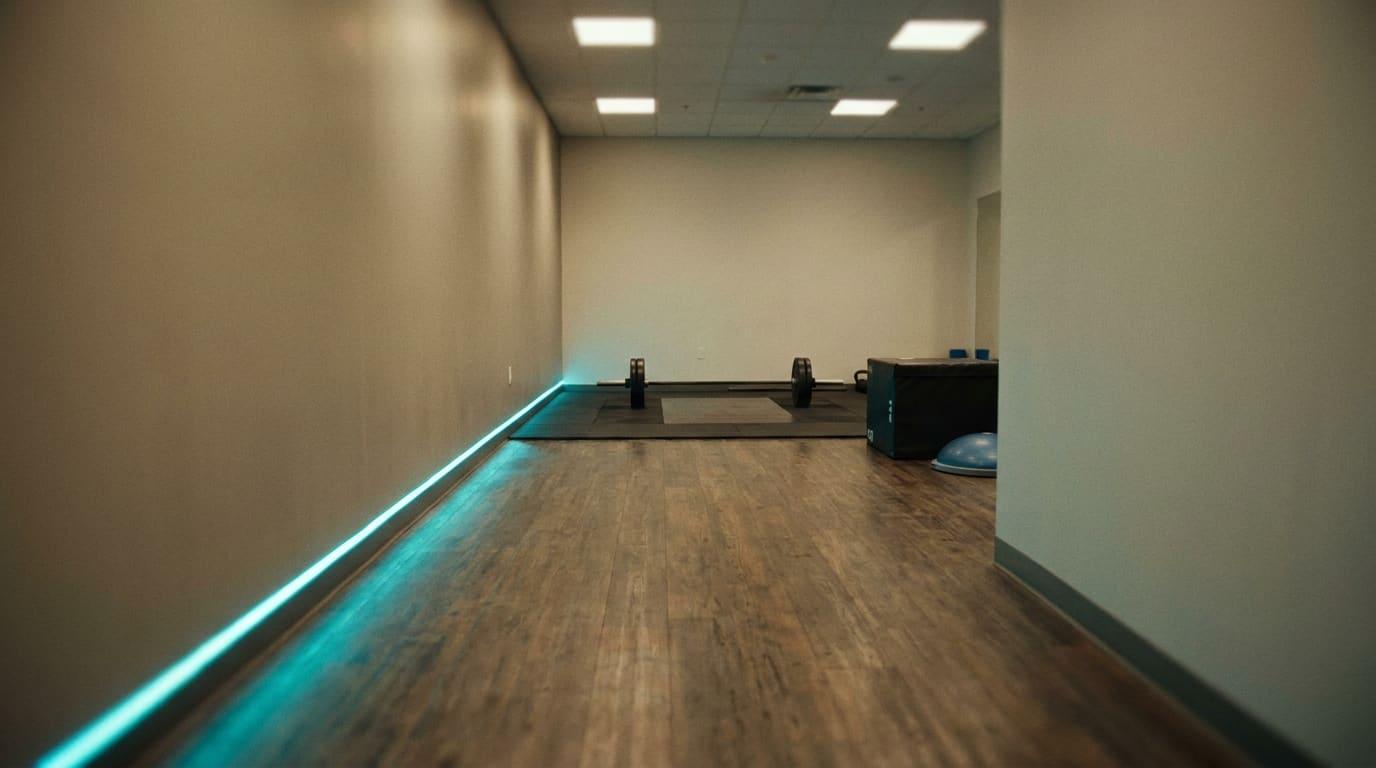 A long corridor opening into a strength area, a strip of cyan light along the floor