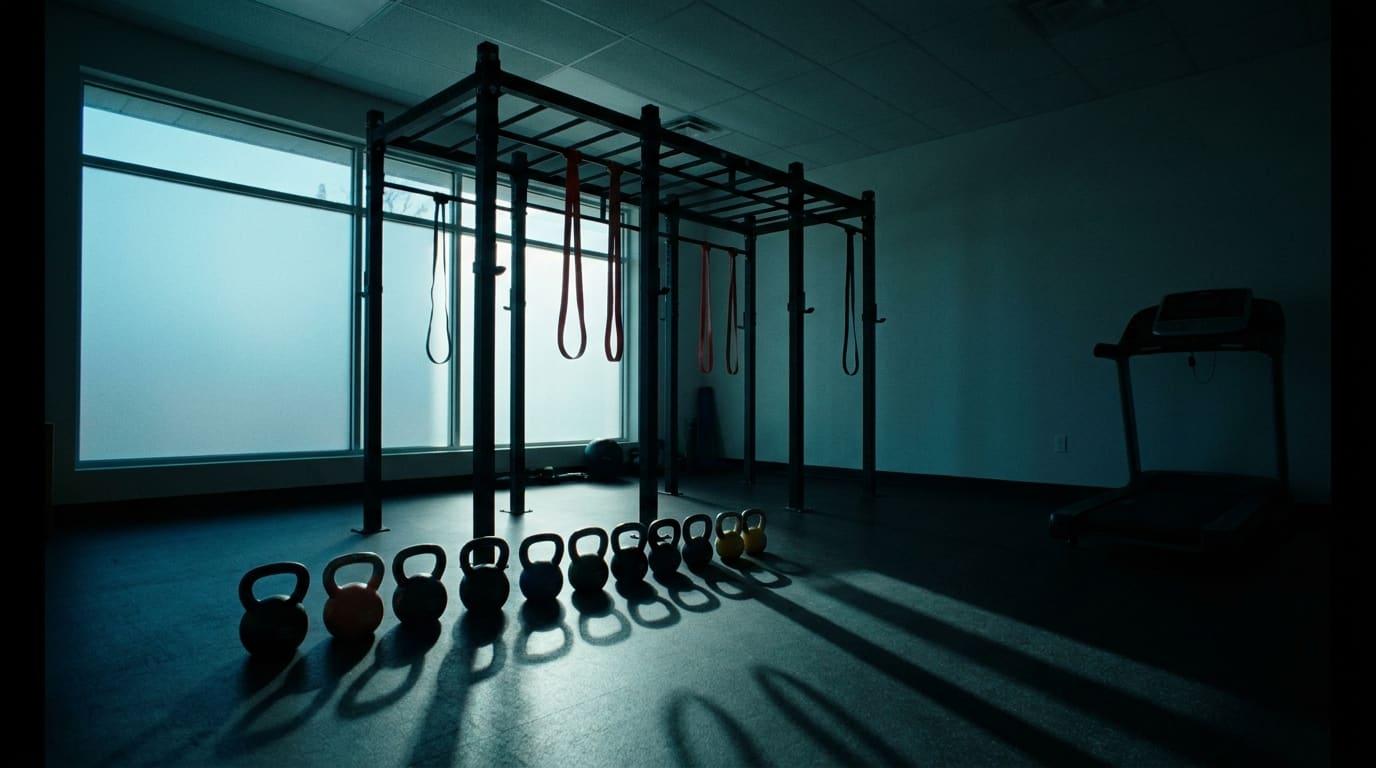 An empty rehabilitation gym at dawn: a rig with bands, a treadmill and a row of kettlebells