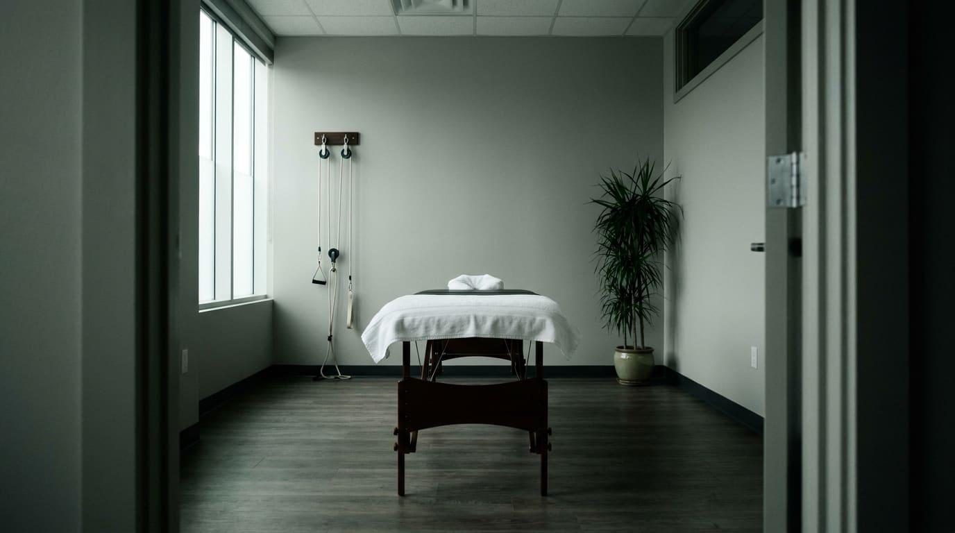 An empty treatment room: a table with a folded towel, a wall pulley and a tall plant