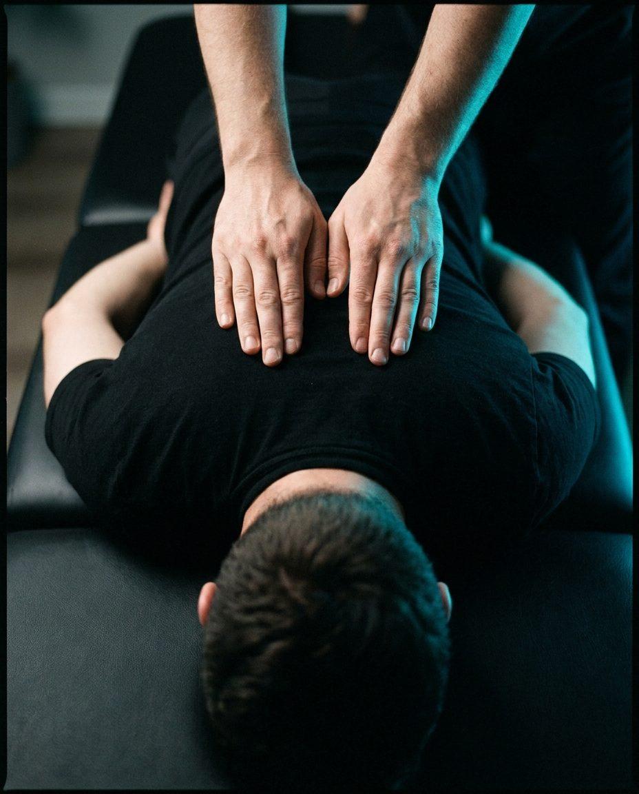 Hands positioned on the upper spine for an adjustment