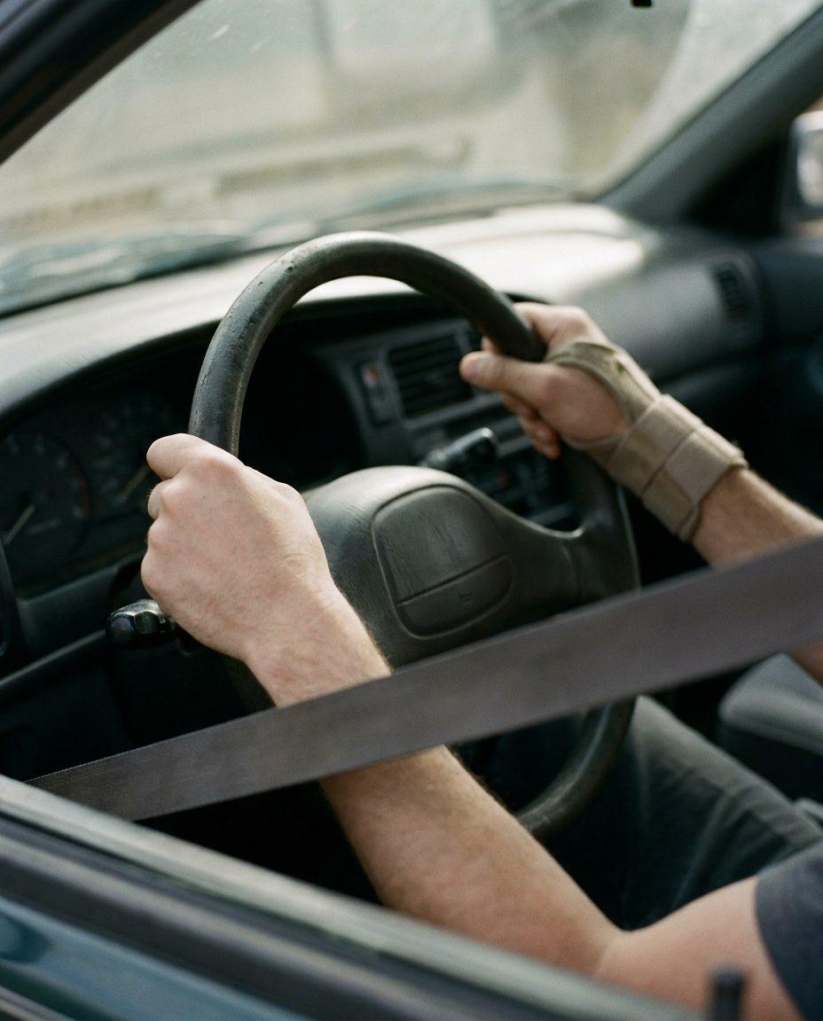 Hands resting on a steering wheel at dusk, a seatbelt across the frame