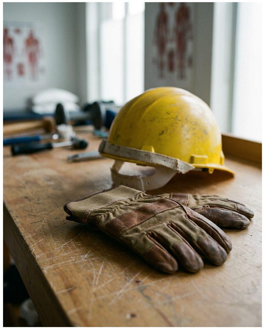 Work gloves and a hard hat on a dark workbench under a single beam of light