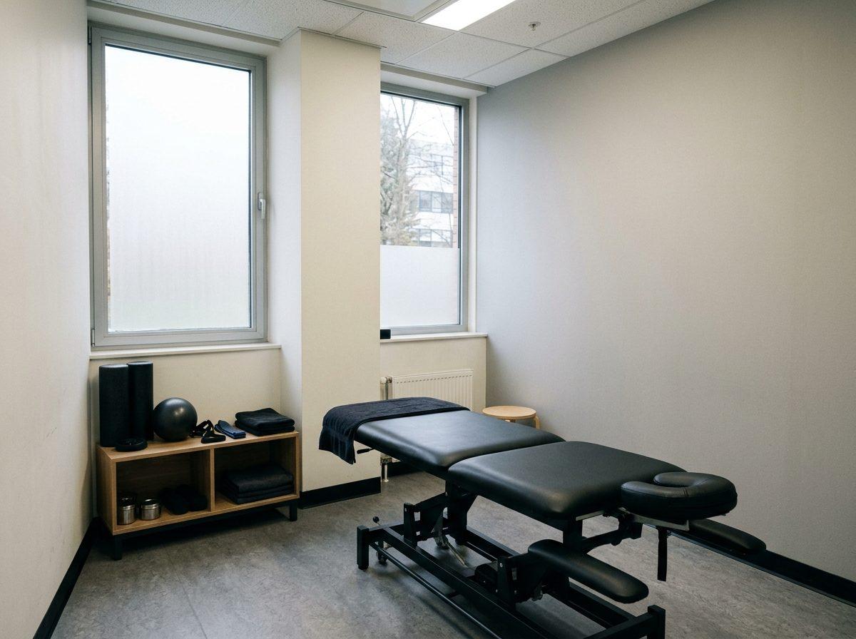 A treatment table beside a frosted window, a shelf of small equipment
