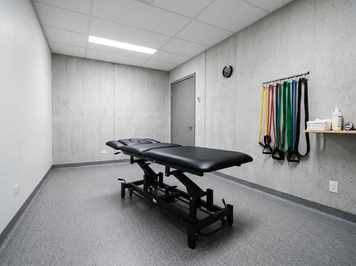 A treatment table in a concrete room, resistance bands hung on the wall