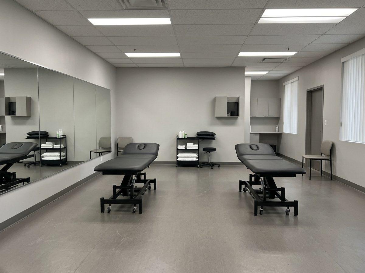 Two treatment tables in a bright room with a mirrored wall