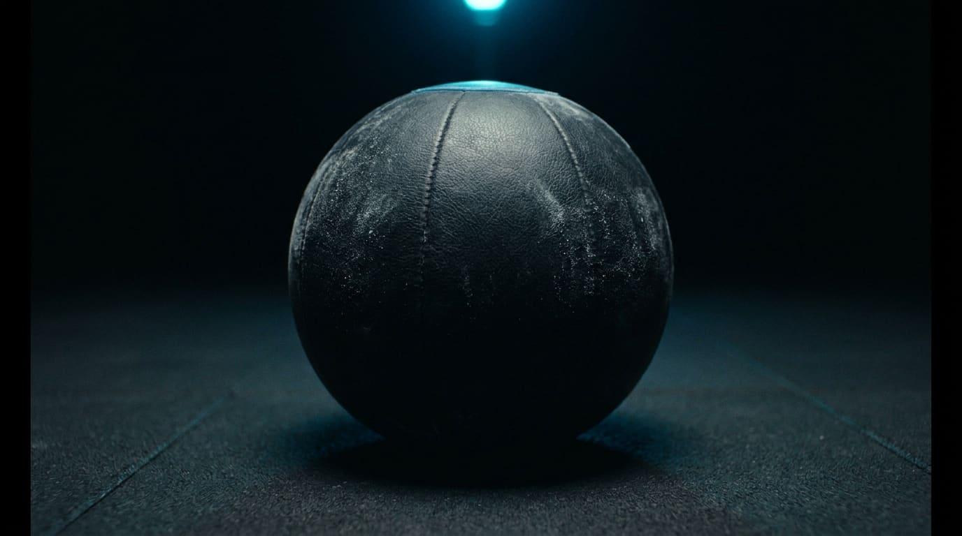 A black medicine ball dusted with chalk on a dark rubber floor, a cyan light above it