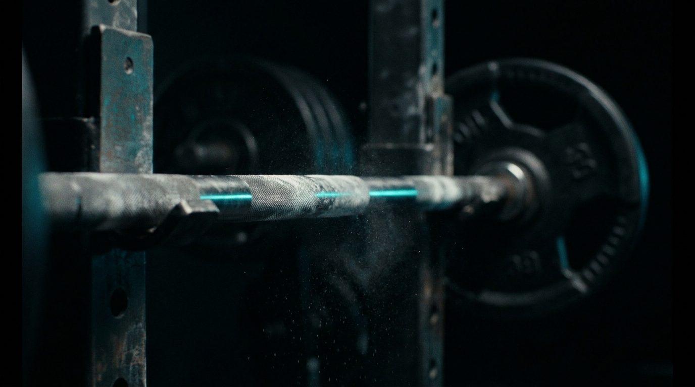 The knurled grip of a loaded barbell in a black rack, chalk dust in a shaft of cyan light