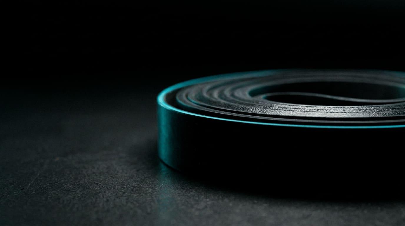 A coiled black resistance band on a black rubber floor, a cyan rim light along the coil