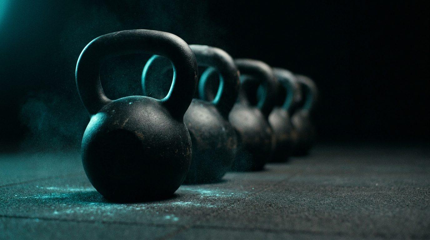 A row of black kettlebells on a dark floor, a cyan rim light on their handles