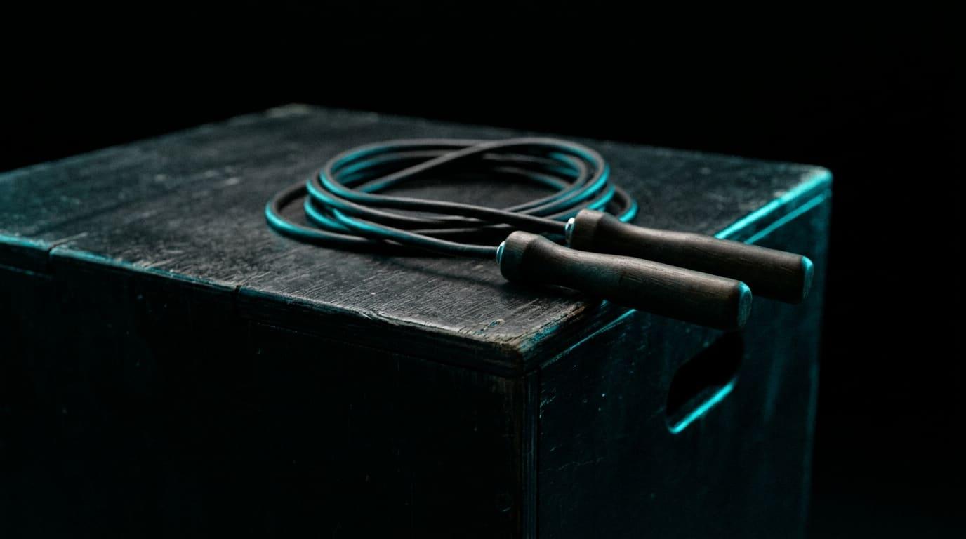 A black skipping rope coiled on the corner of a plyometric box, a cyan rim light along the edge