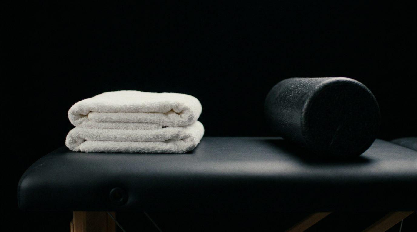 Two folded white towels and a black foam roller on the edge of a dark treatment table